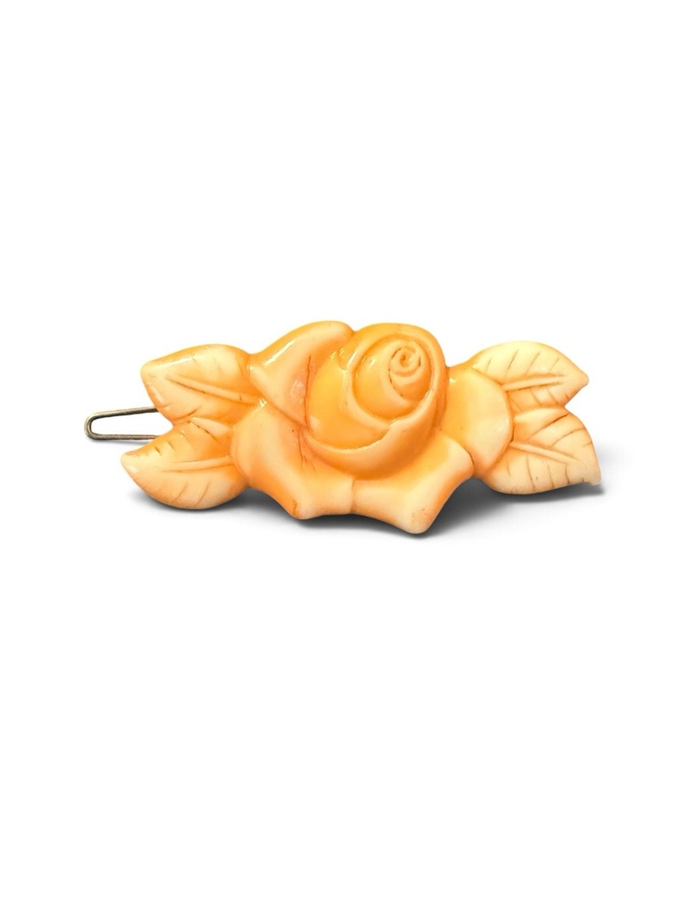 1940’s Vintage Hand Carved Floral Orange Hair Clip, Barrette, Unworn, 2.5” Long